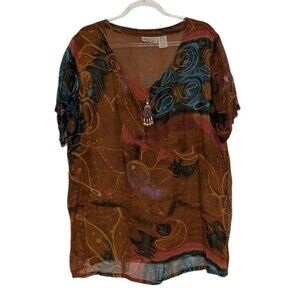 Nefertiti Collection Floral Shirt Womens Size Large Brown Artsy Short Sleeve